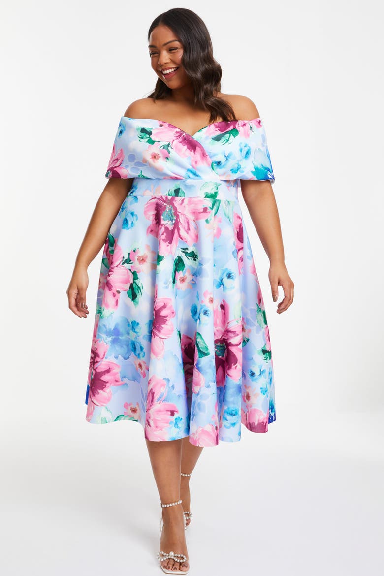Plus Size Scuba Knit Floral Bardot Skater Midi Dress, Alternate, color, Blue