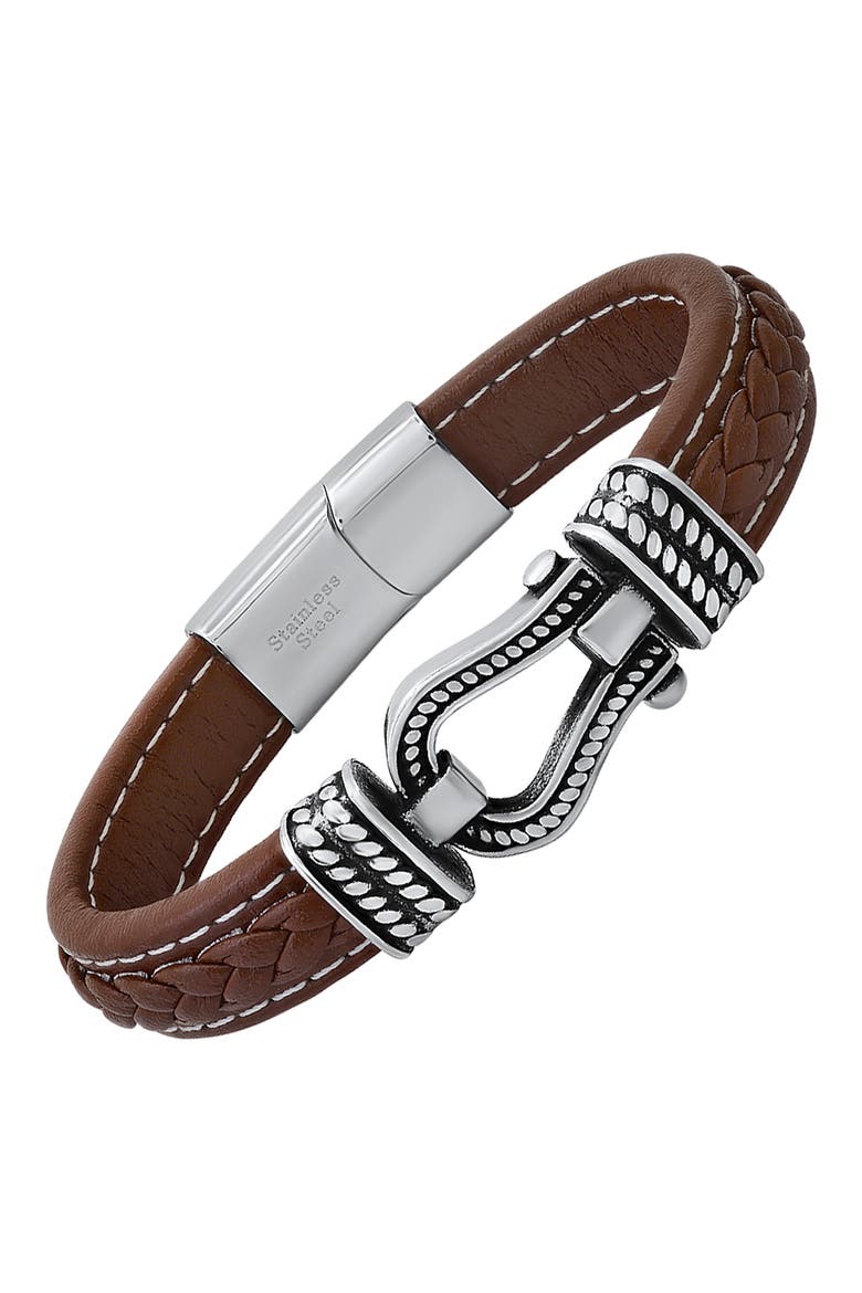 Men's Braided Leather Bracelet, Alternate, color, SILVER/ BROWN