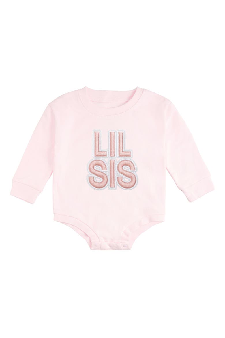 Lil Sis Embroidered Patch Long Sleeve Romper, Main, color, Ballet Pink