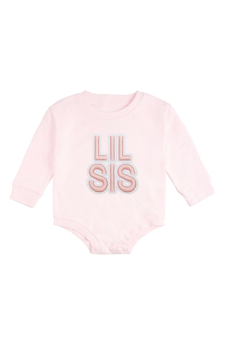 Sweet Wink Lil Sis Embroidered Patch Long Sleeve Romper, Main, color, Ballet Pink
