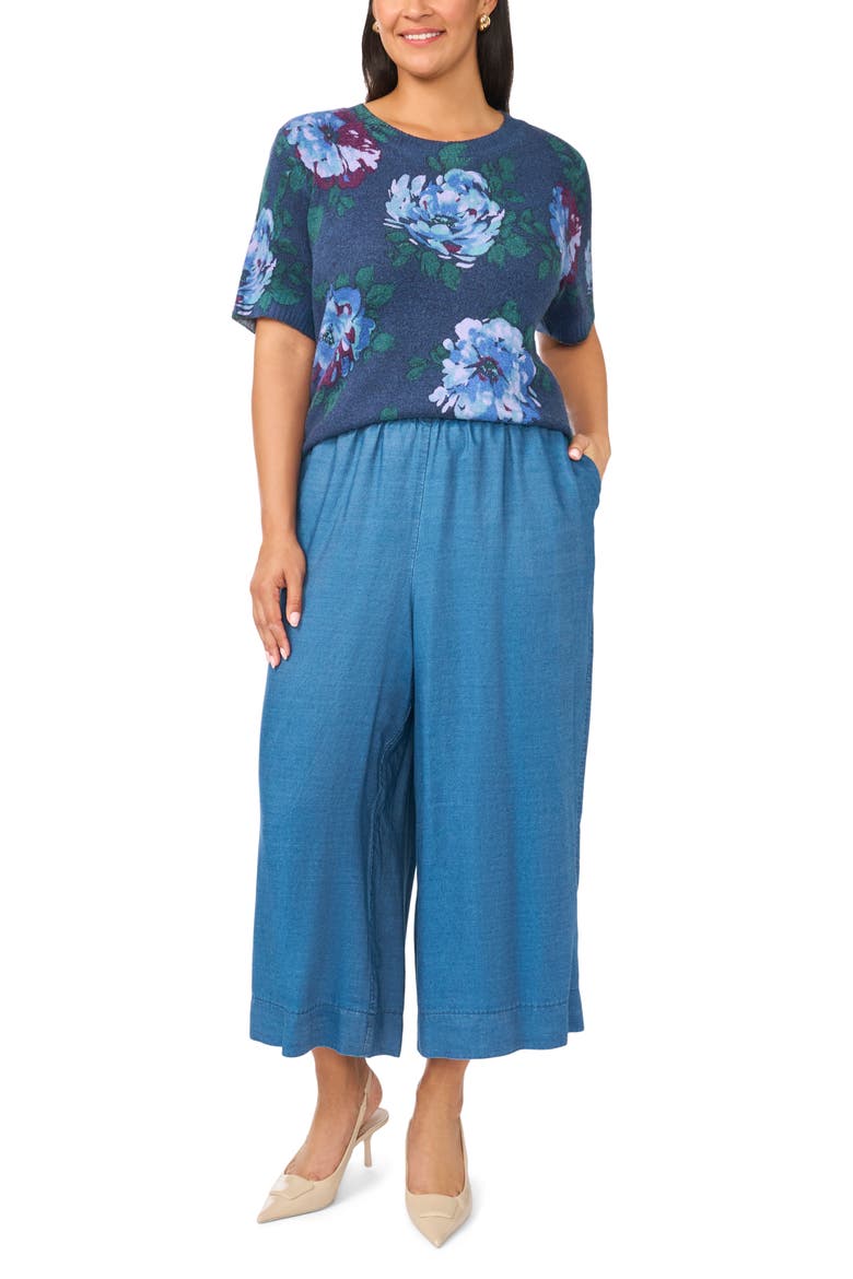 Floral Short Sleeve Crewneck Sweater, Alternate, color, INDIGO NIGHT