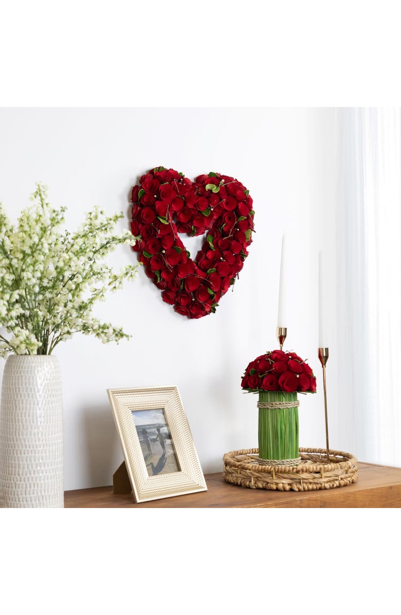 Northlight Wooden Roses Floral Artificial Valentine's Day Heart Wreath - 13.5" - Red, Alternate, color, Red