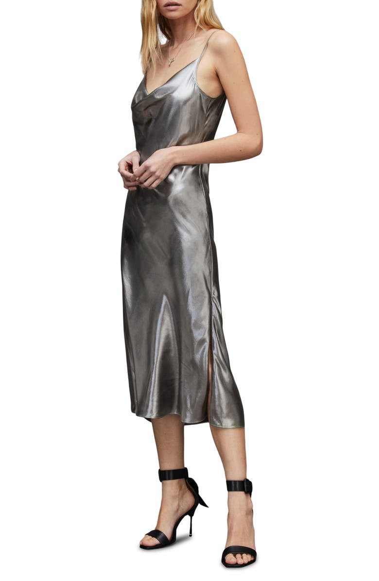 AllSaints Hadley Cowl Neck Metallic Satin Slipdress, Main, color, 