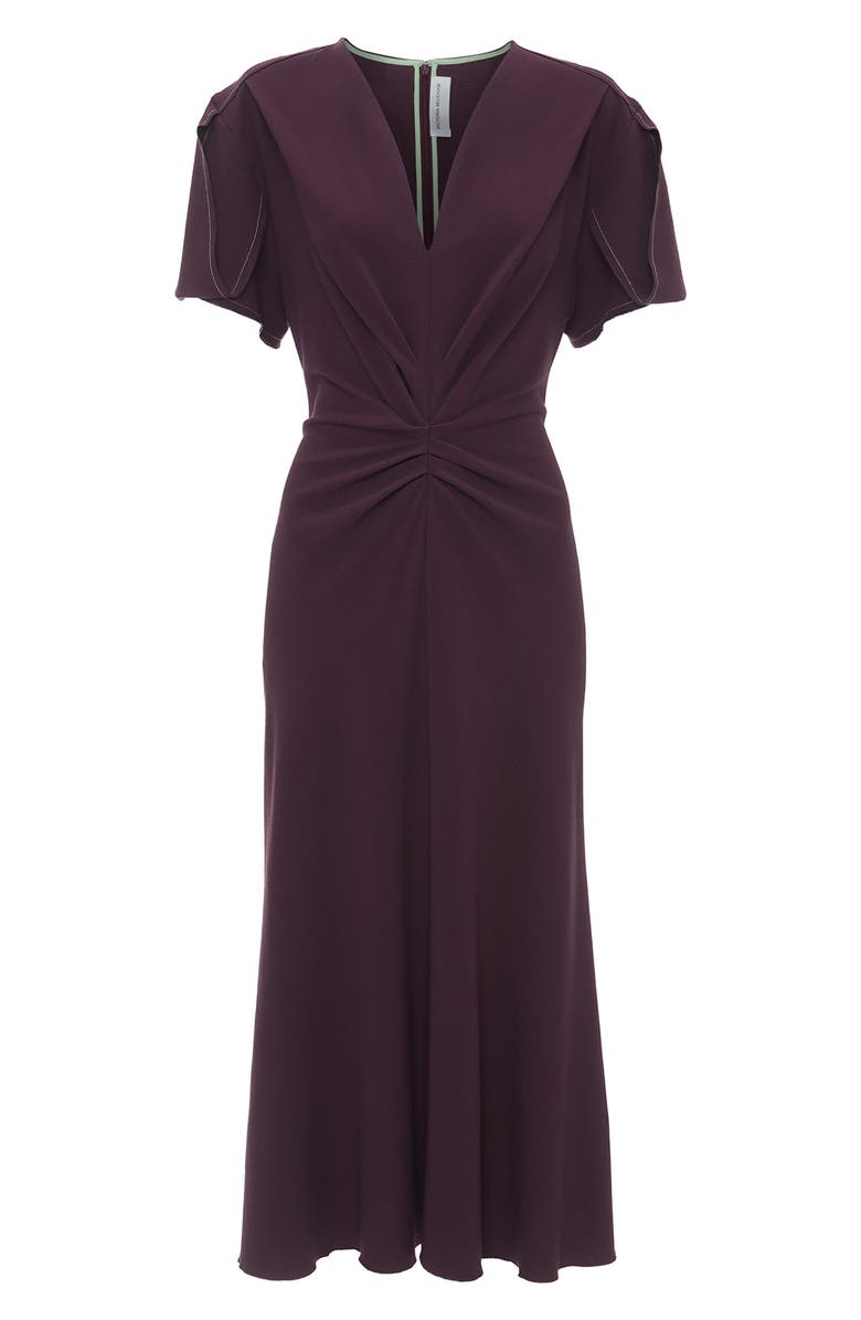 Victoria Beckham Gathered Wool Blend Crepe Midi Dress, Alternate, color, Fig