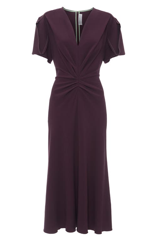Shop Victoria Beckham Gathered Wool Blend Crepe Midi Dress In Fig
