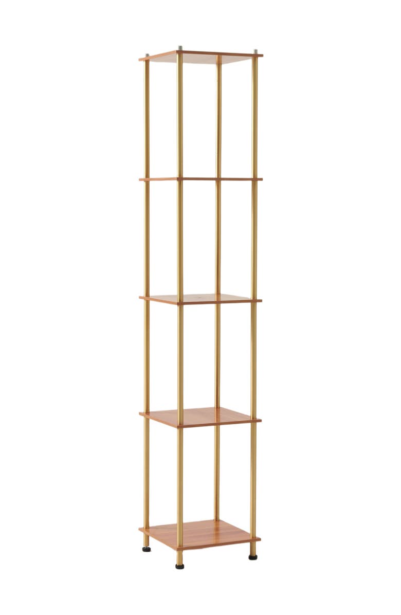 Brightech Aria 63" Touch LED Wood Shelf Floor Lamp with Wireless Charging Pad, Main, color, Antique Brass