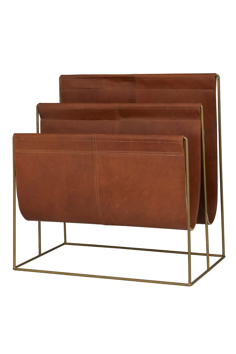 Brown Leather 3-Slot Magazine Holder with Metal Stand, Main, color, RED