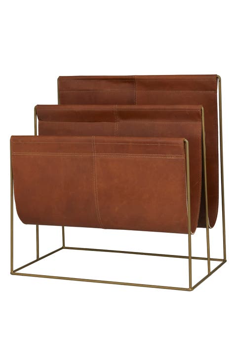 Brown Leather 3-Slot Magazine Holder with Metal Stand