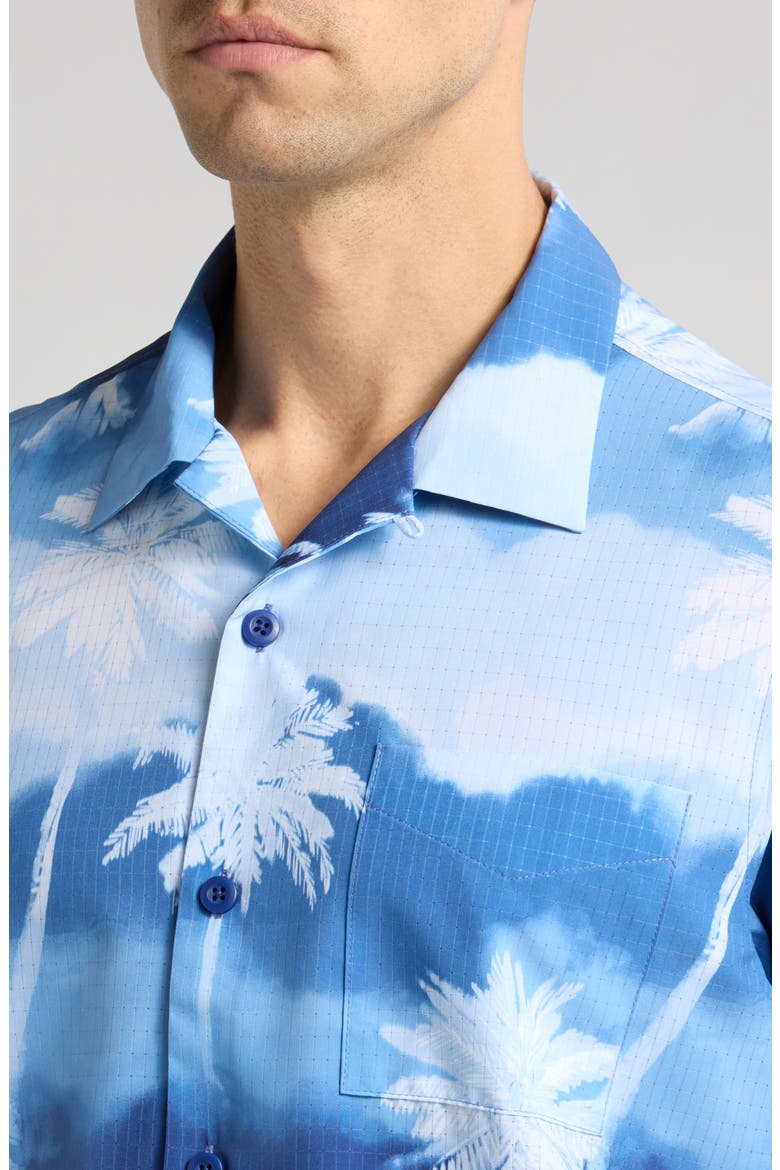 Bahama Coast Showers Palm Tree Print Performance Camp Shirt, Alternate, color, GLACIER BLUE
