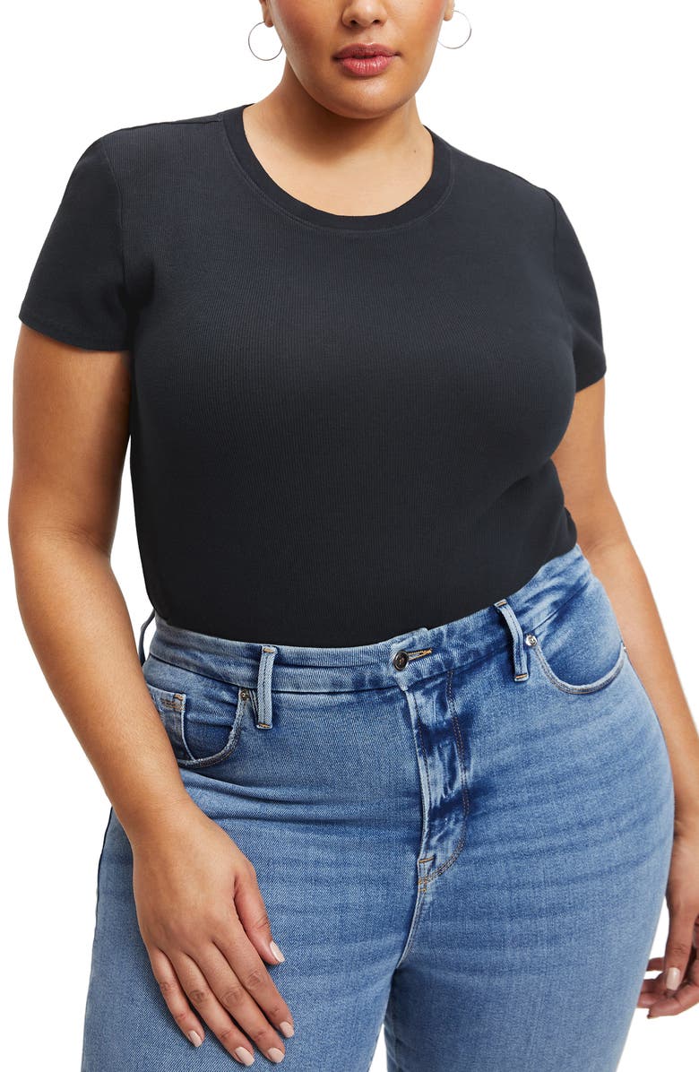 Good American Rib Short Sleeve Stretch Cotton Bodysuit, Alternate, color, 