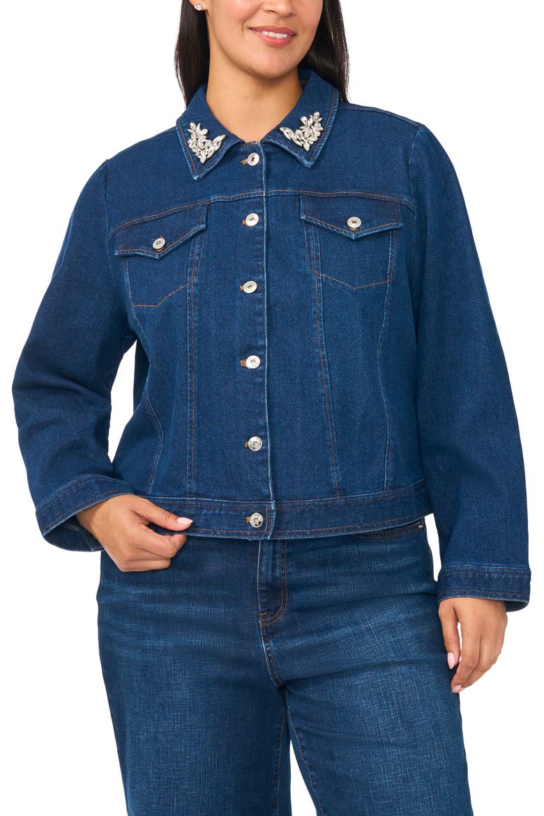 Crystal Collar Puff Sleeve Denim Jacket, Main, color, MID INDIGO