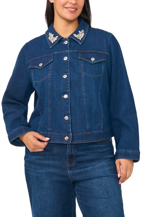 Crystal Collar Puff Sleeve Denim Jacket