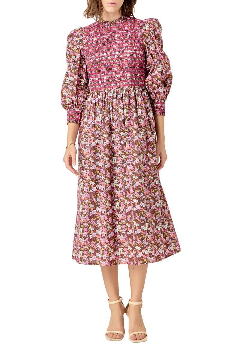 Floral Smock Bodice Midi Dress, Main, color, PINK
