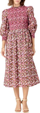 English Factory Floral Smock Bodice Midi Dress