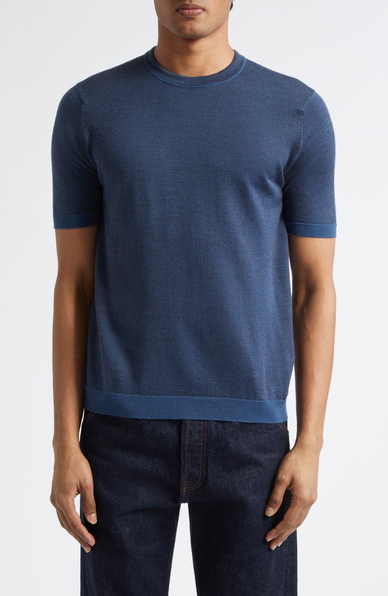 John Smedley Roderick Merino Wool Short Sleeve Crewneck Sweater, Main, color, Teal Firth/ Hep Smk