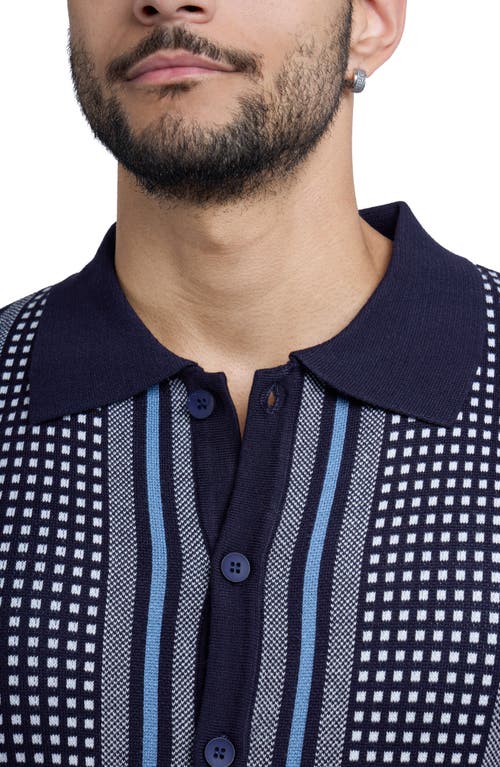 Spring + Mercer Stripe Short Sleeve Knit Button-up Shirt In Navy