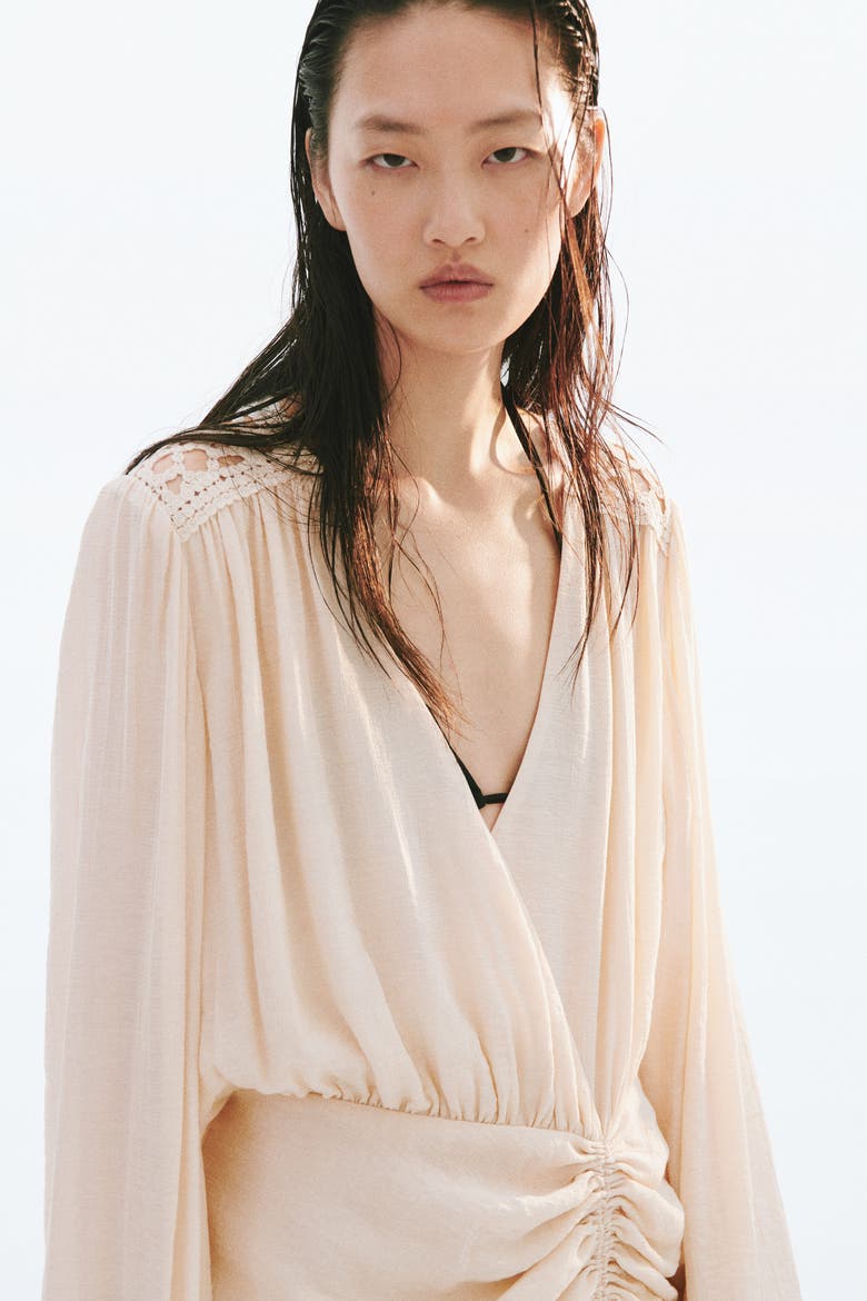 Drawstring-detail Balloon-sleeved Dress, Alternate, color, Light apricot