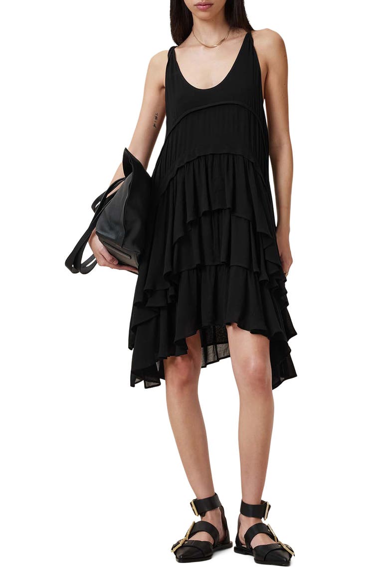 Cavarly Tiered Asymmetric Hem Dress, Alternate, color, BLACK