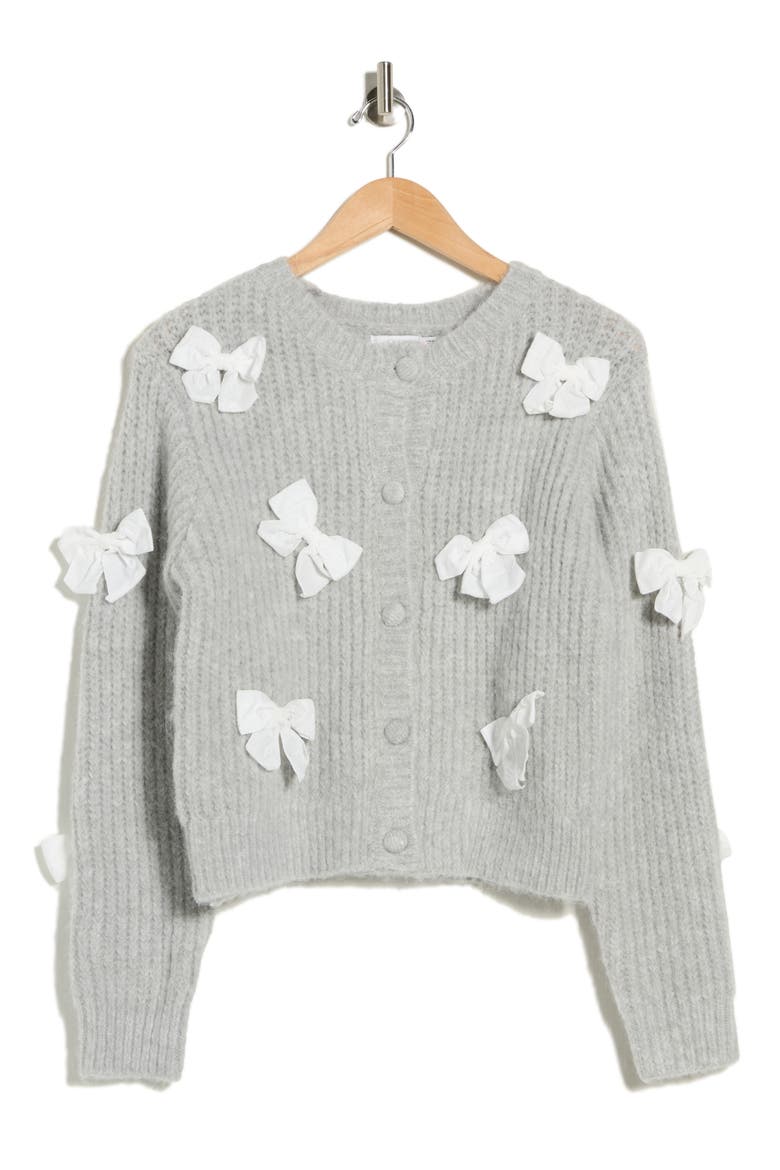 Bow Appliqué Cardigan, Alternate, color, HEATHER GREY IVORY