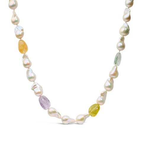14K Yellow Gold Citrine, Amethyst, and Baroque Pearl Strand Necklace