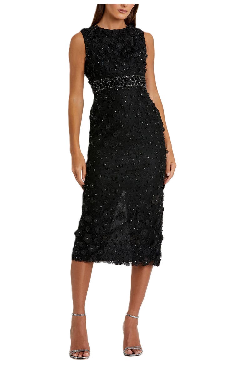 Mac Duggal Floral Applique High Neck Sleeveless Midi Dress, Alternate, color, Black