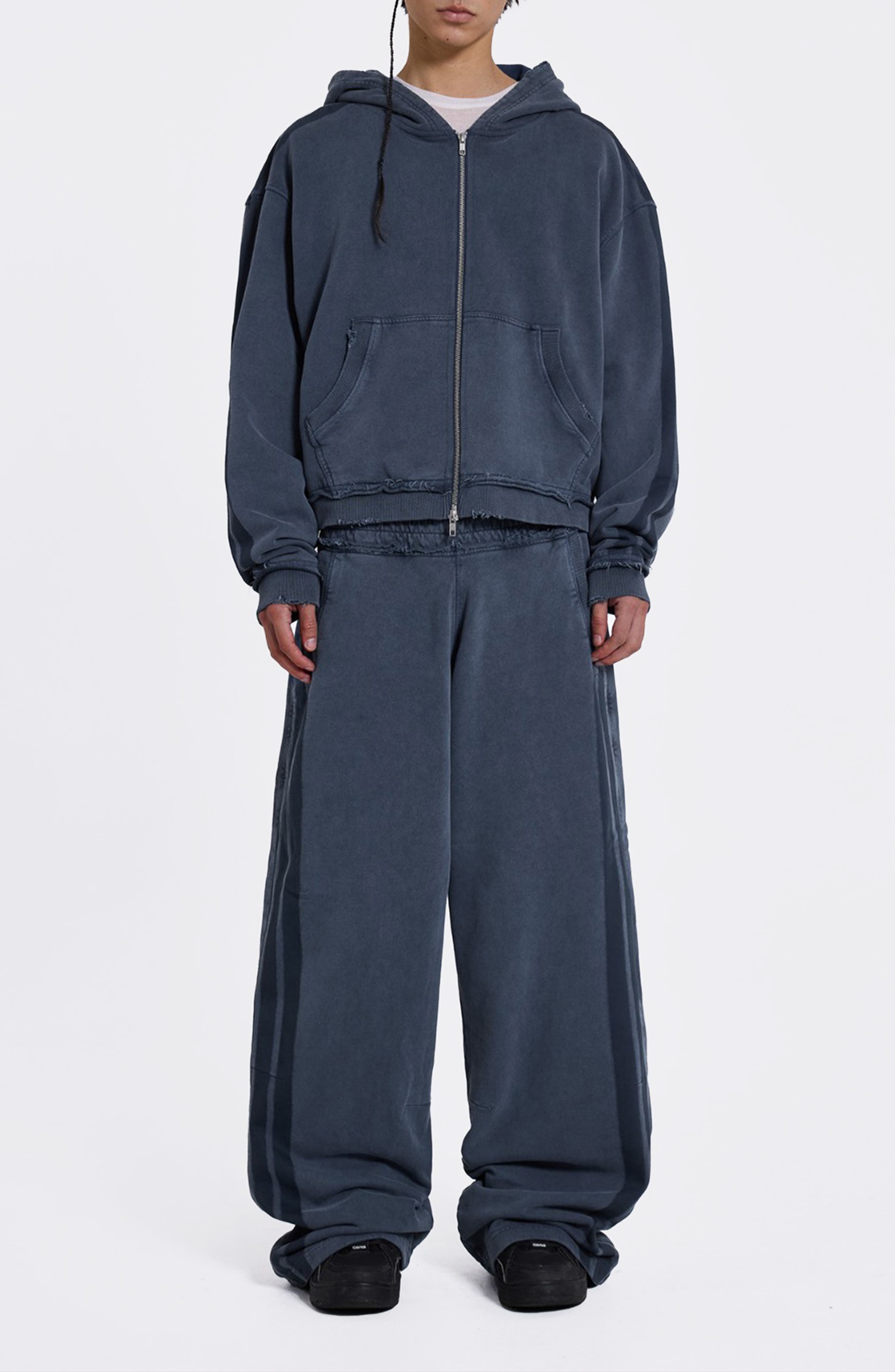 Zip Front Denim Wash Distressed Hoodie (Men) | Nordstrom