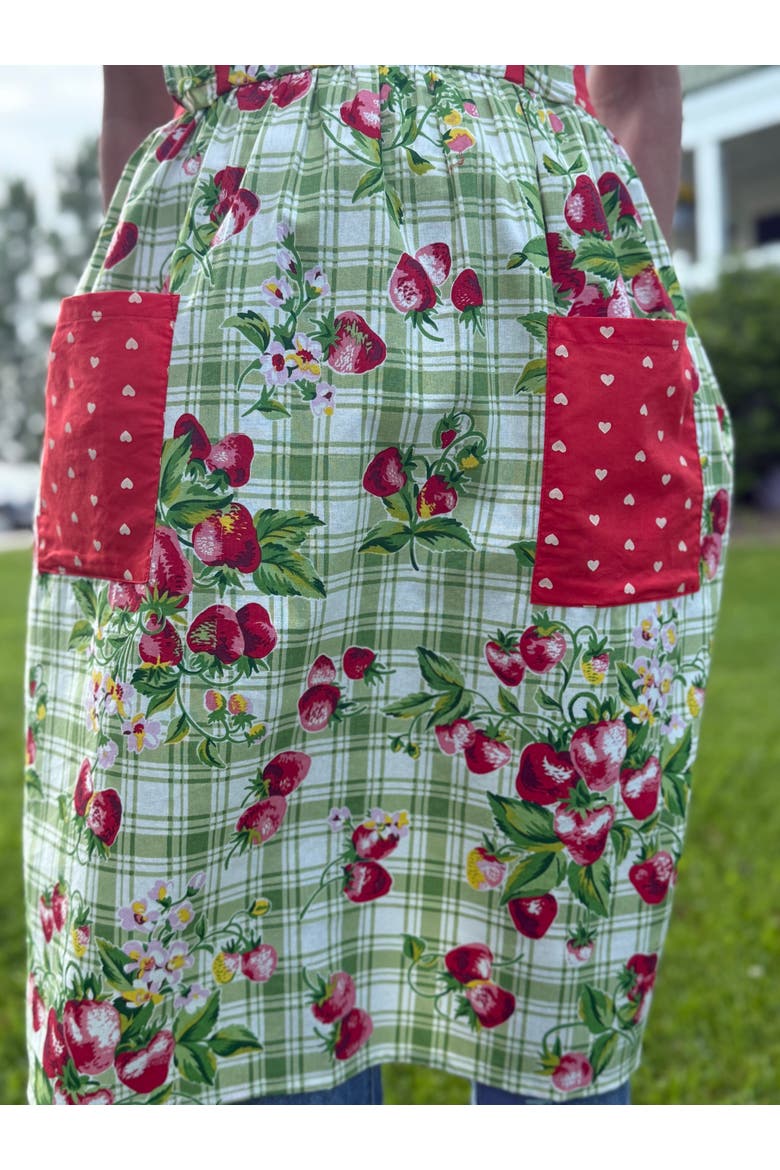 Strawberry Gingham Ruffle Apron, Alternate, color, Green