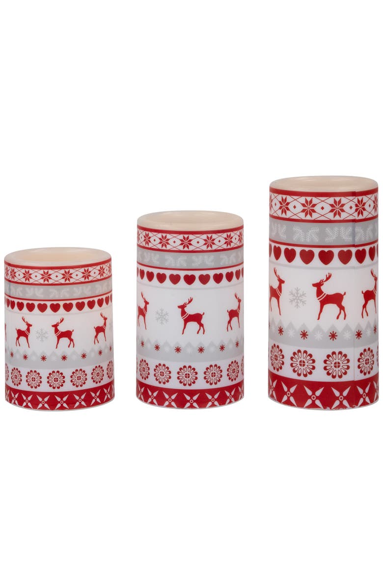 Northlight LED Flameless Flickering Nordic Reindeer Wax Pillar Christmas Candles - 6" - Set of 3, Main, color, White