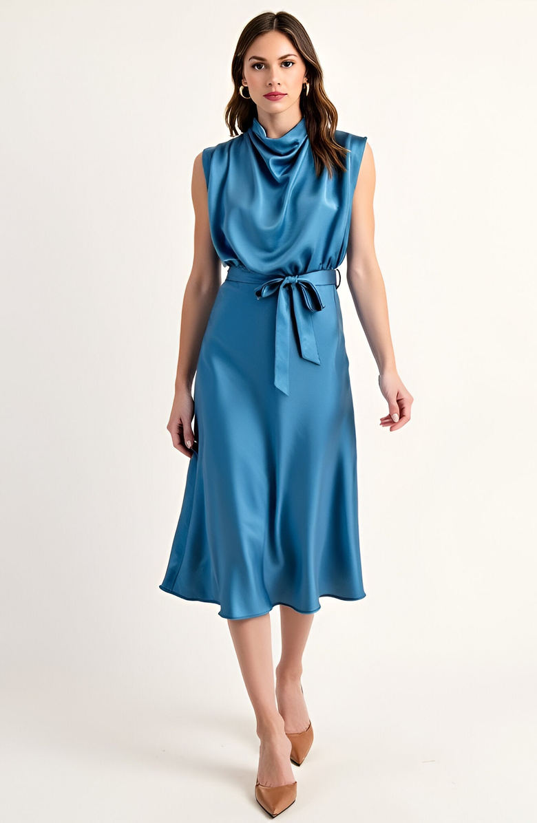 Modenaire Sleeveless Satin Midi Dress with Cowl Neck and Waist Tie Detail, Main, color,