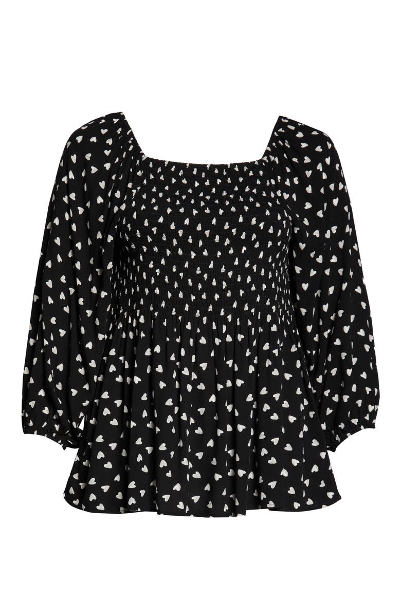Balloon Sleeve Smocked Top, Alternate, color, BLACK HEARTS