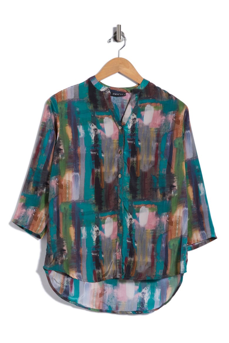 Print Three-Quarter Sleeve Button-Up Shirt, Alternate, color, BLUE MULTI