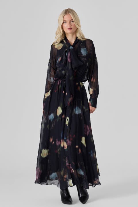 Silk Chiffon Neck-Tie Maxi Dress