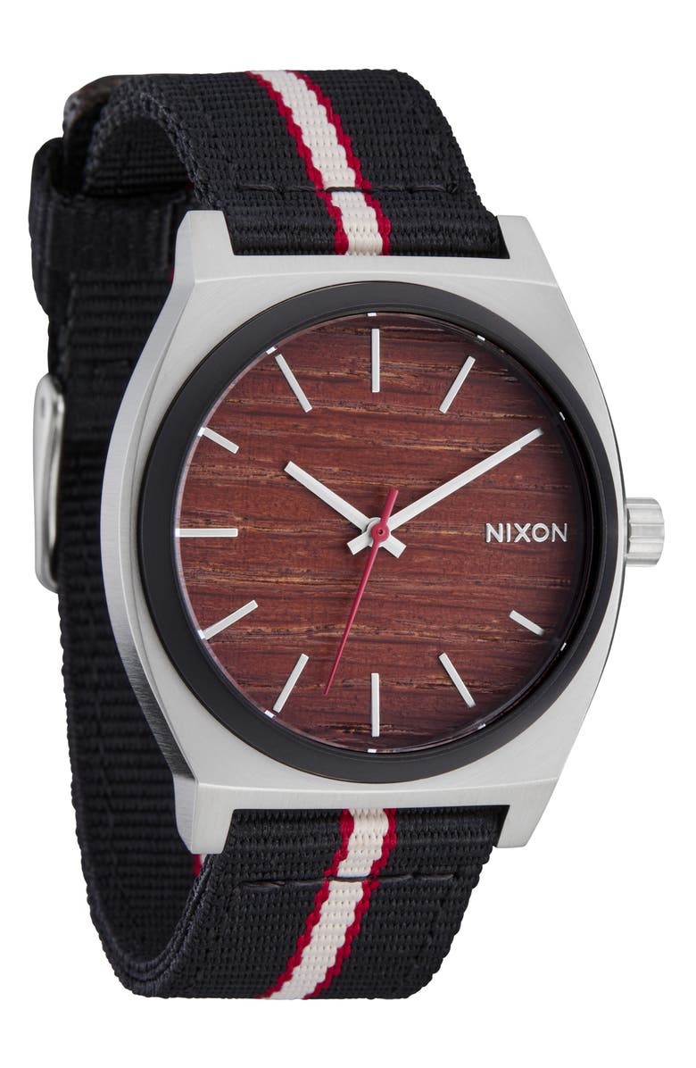 Nixon Time Teller Leather Strap Watch, 37mm, Alternate, color, Silver/ Rosewood/ Black Stripe