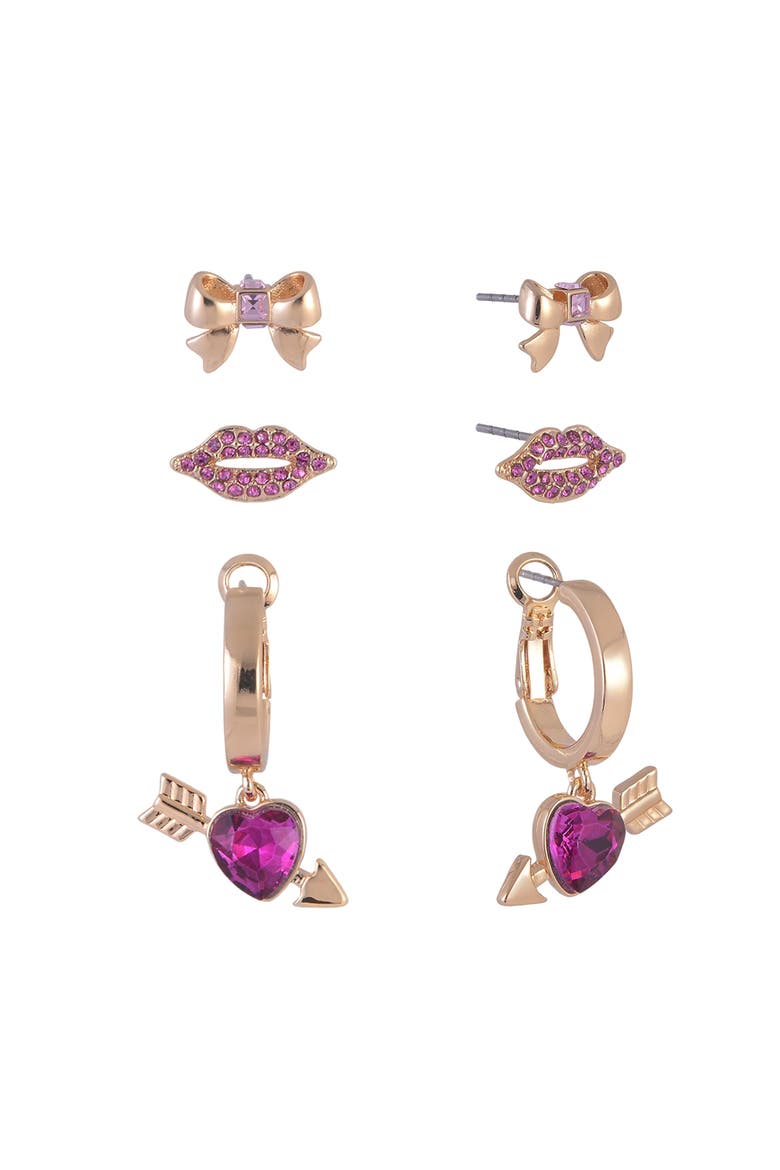 Gold Tone Trio Earring Set, Main, color, Pink