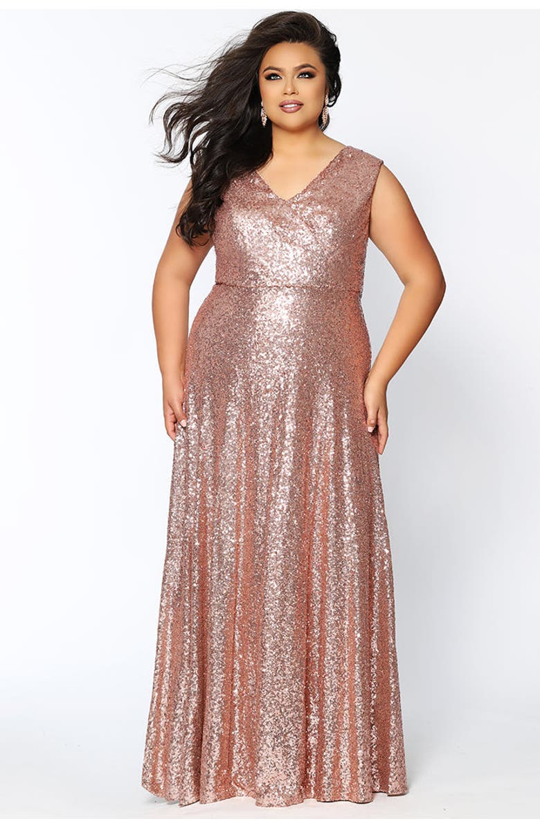Celebrations by Sydney's Closet V-Neck Plus Size Sleeveless Sequin Maxi Dress, Main, color, Rose Gold