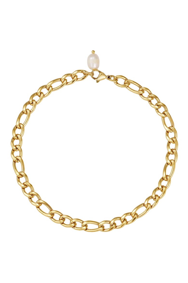 18K Gold Plated Faux Pearl Charm Figaro Chain Anklet, Main, color, GOLD