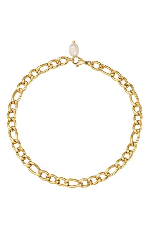 18K Gold Plated Faux Pearl Charm Figaro Chain Anklet