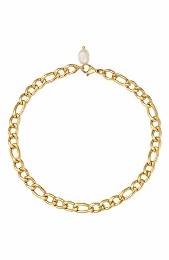 18K Gold Plated Faux Pearl Charm Figaro Chain Anklet