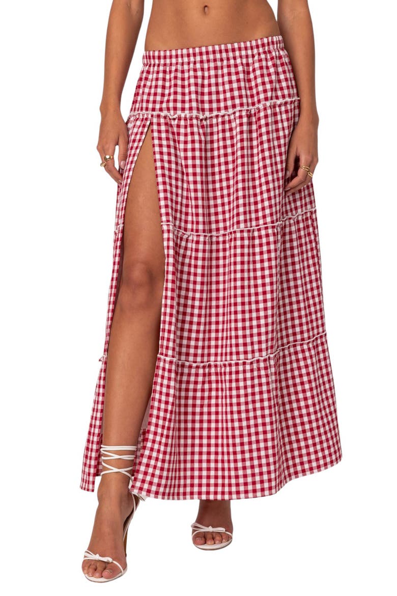 Gingham Tiered Maxi Skirt, Main, color, RED