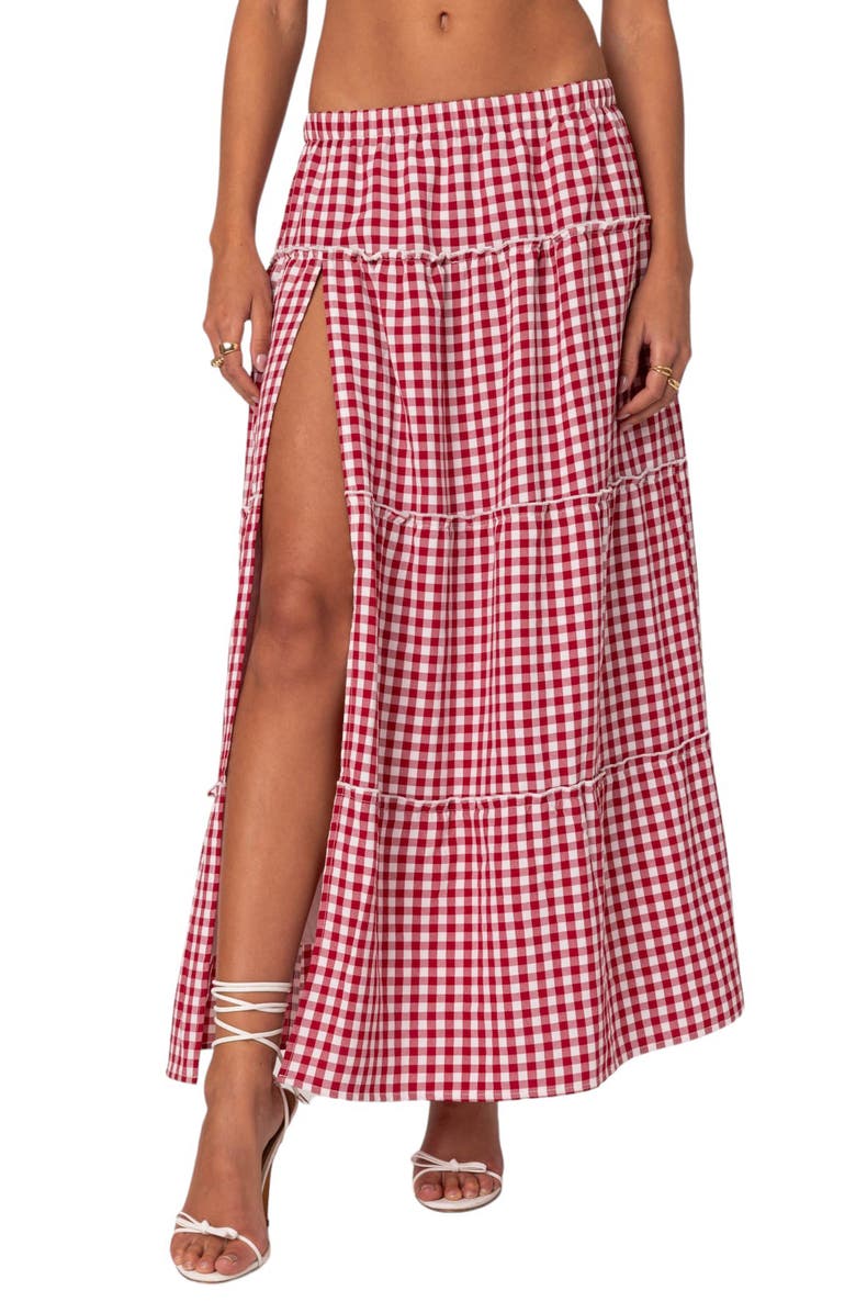 EDIKTED Gingham Tiered Maxi Skirt, Main, color, Red