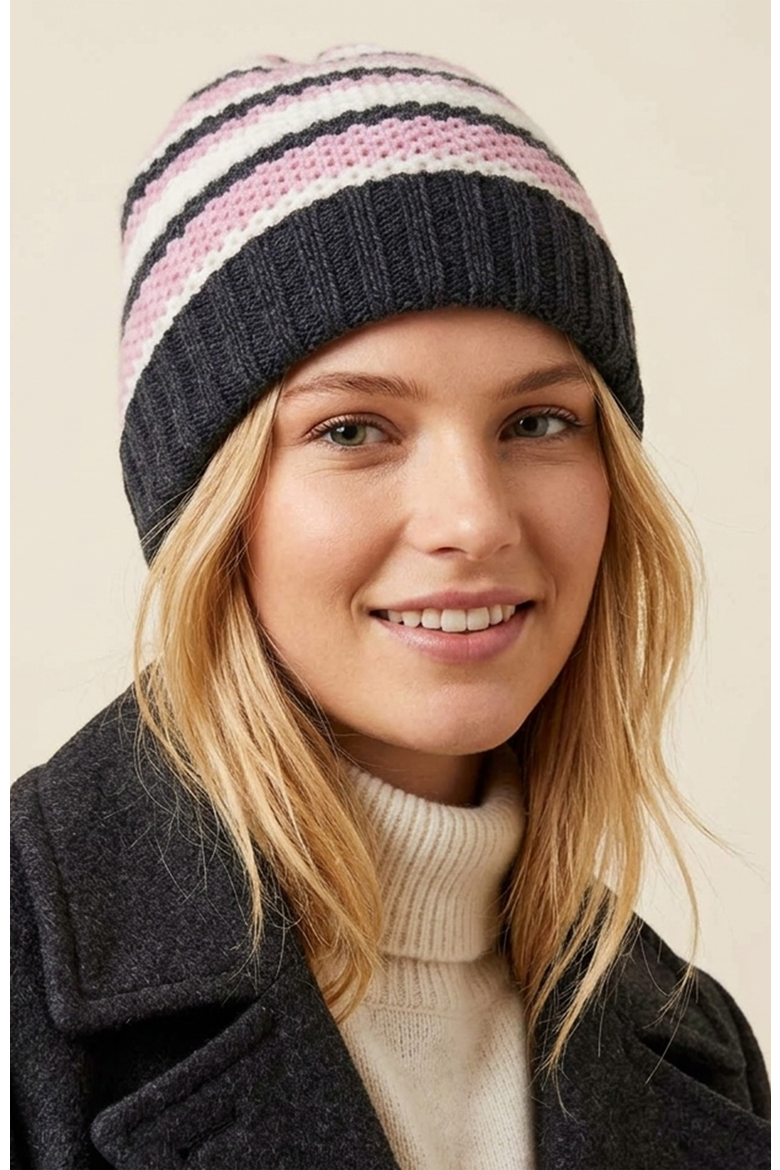 Merino chunky striped hat, Alternate, color, DARK GREY/PINK