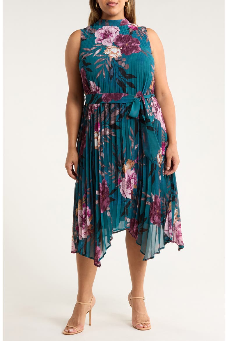 Floral Print Pleated Sleeveless Asymmetric Midi Dress, Main, color, OCEAN TEAL