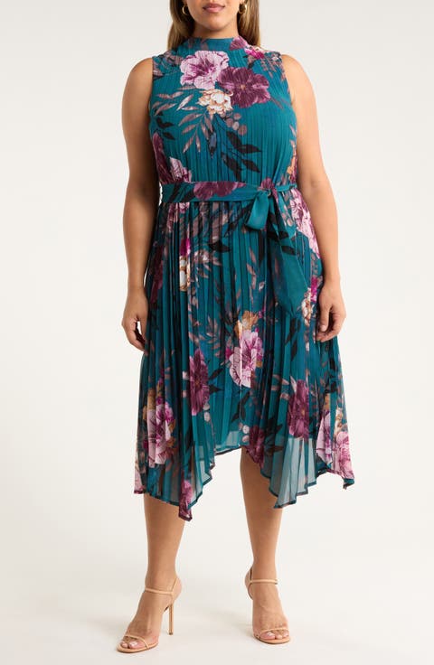 Floral Print Pleated Sleeveless Asymmetric Midi Dress