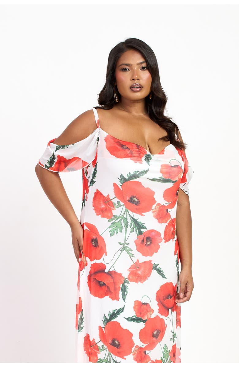 FASHION-SZN CURVE Cold Shoulder Poppy Print Strappy Dress, Alternate, color, White