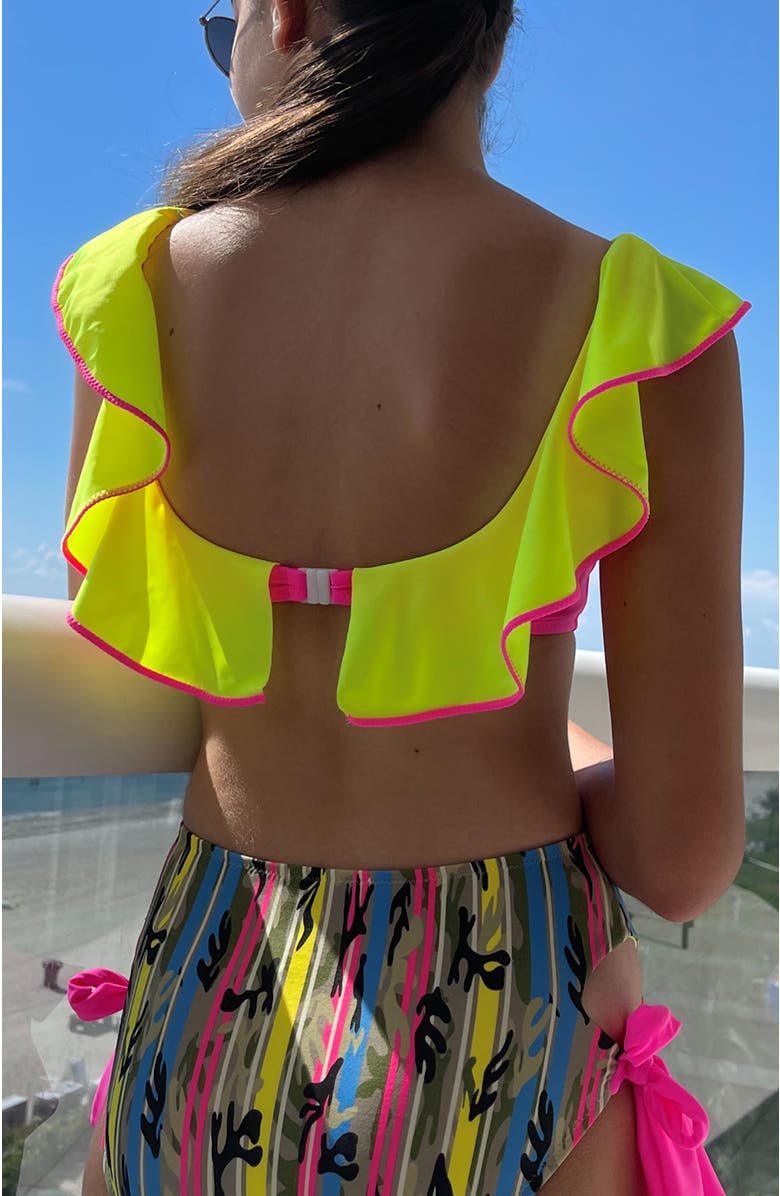 NESSI BYRD Kids' Bold Mix Ruffle Bikini Neon Lime & Camo Print, Alternate, color, Multicolor