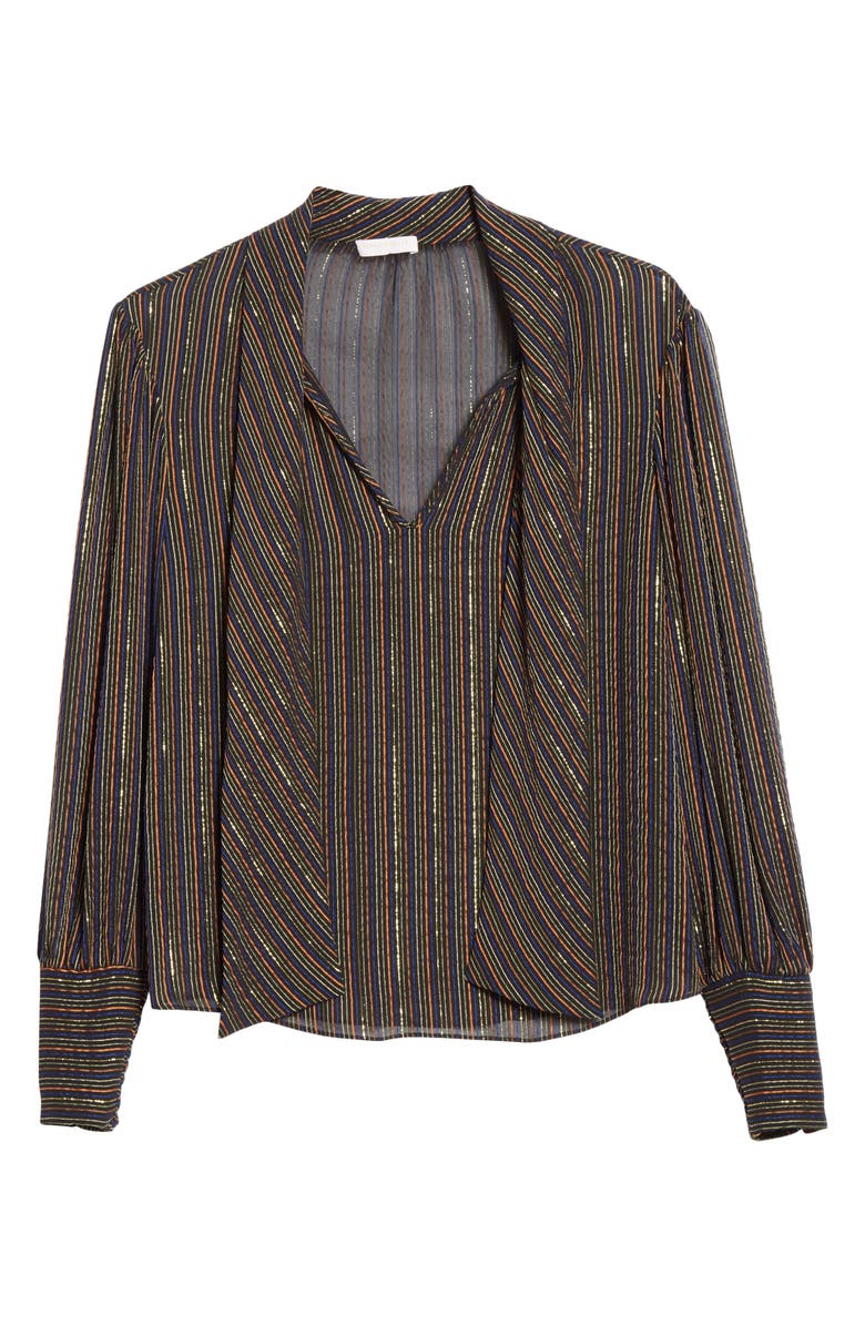 Rebecca Taylor Metallic Stripe Tie Neck Silk Blend Blouse, Alternate, color, 