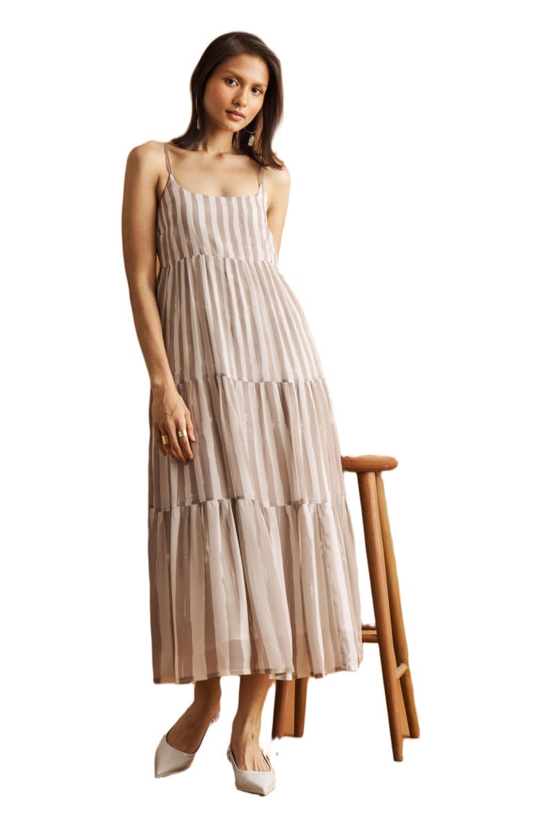 Reistor Strappy Tiered Maxi Dress, Alternate, color, Beige Striped Down