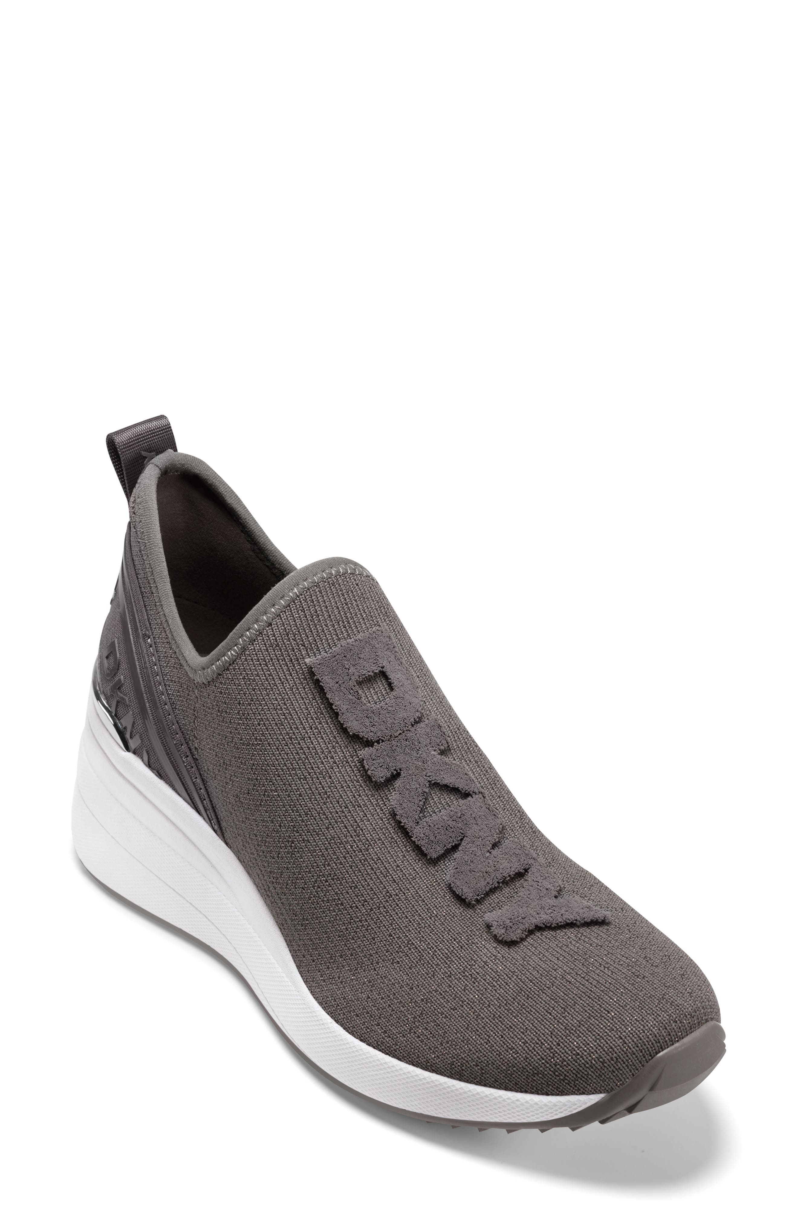 DKNY Keeva Knit Wedge Sneaker, Main, color, Morel