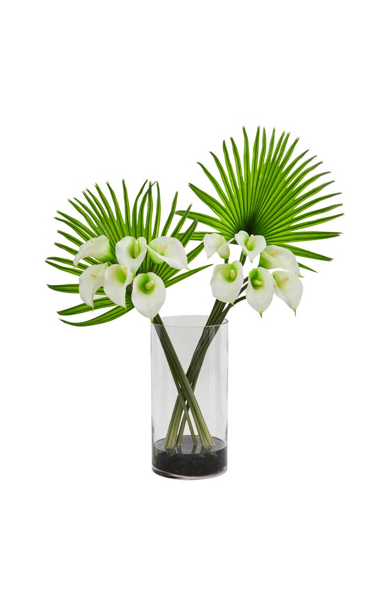 NEARLY NATURAL Calla Lily and Fan Palm Artificial Arrangement in Cylinder Glass Vase, Main, color, Cream