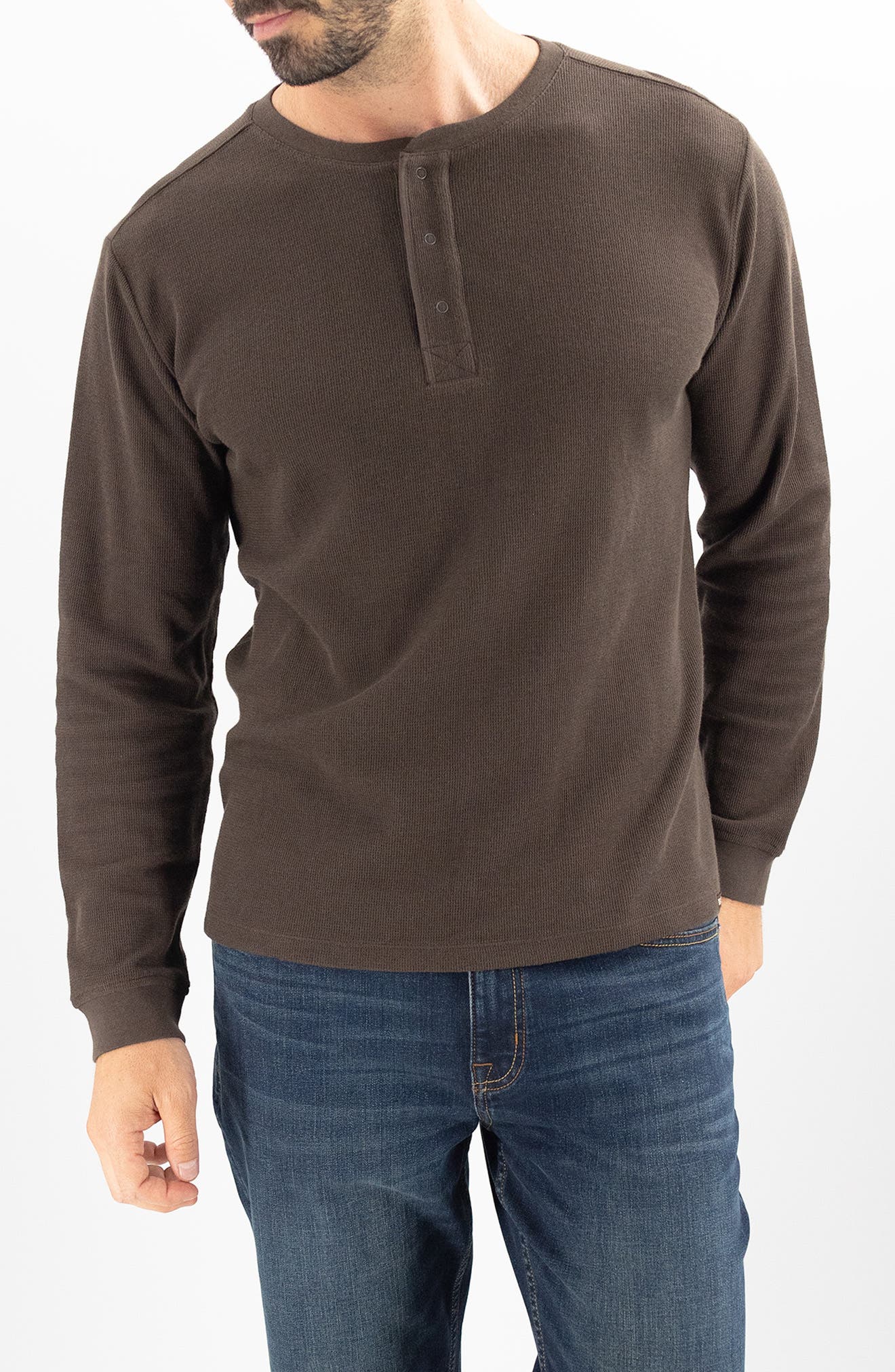 Devil-Dog Dungarees Cotton Waffle Knit Henley in Dark Roast 